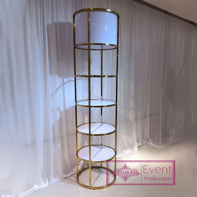 Stainless steel frame 5 layers round clear glass top bar back cabinet with LED Light Display Decorative wine shelf