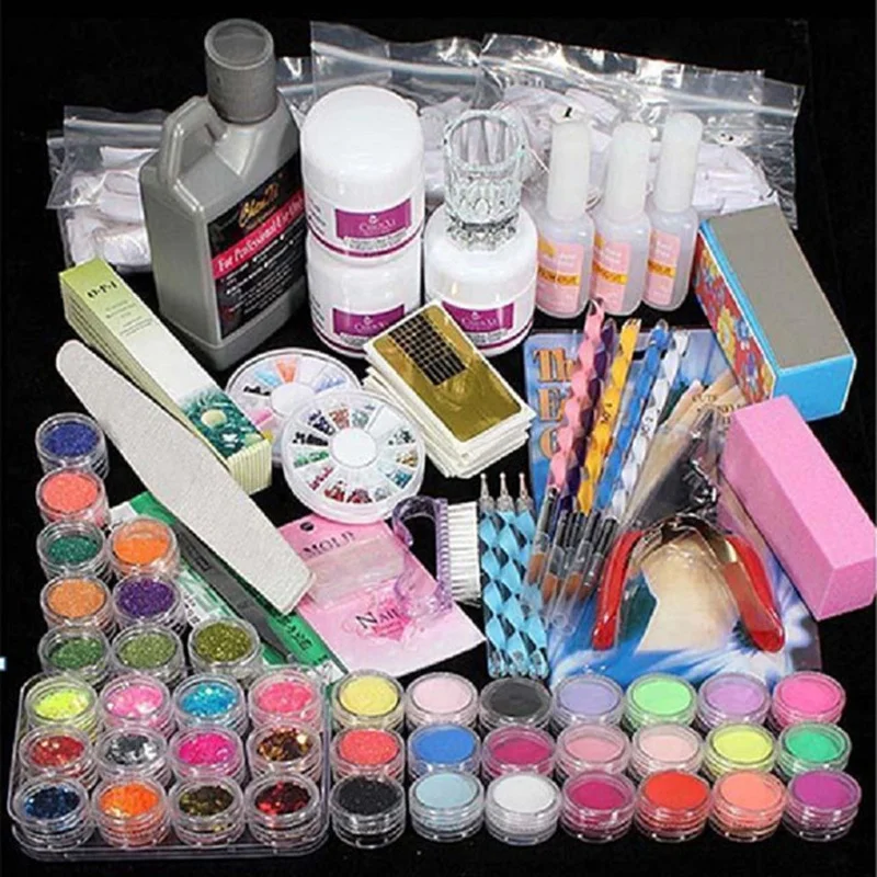 Pro Acrylic Power Manicure Nail Kit Acrylic Liquid Tips Cutter Glitter Rhinestones File Brush Manicure Nail Art Tool Set Gel Kit