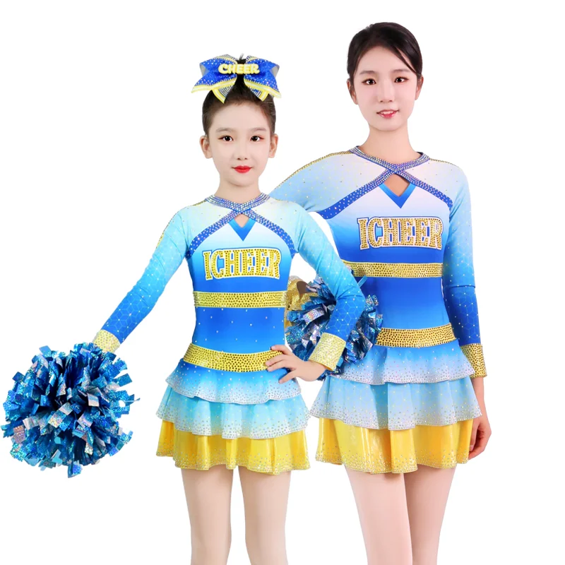 Custom Cheer Uniform Elite Youth Cheer Leader Uniforms Skirt Blue And Yellow Womens Competition Cheerleading Uniform