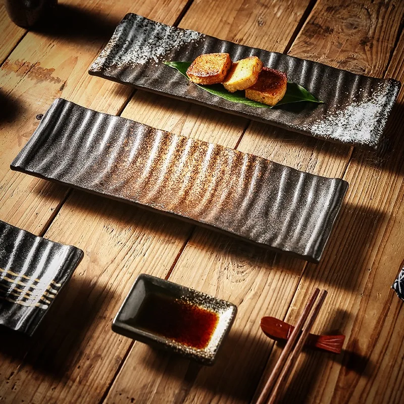 wholesale long rectangular porcelain black blue luxury soy sauce japanese ceramic sushi plate set and dishes