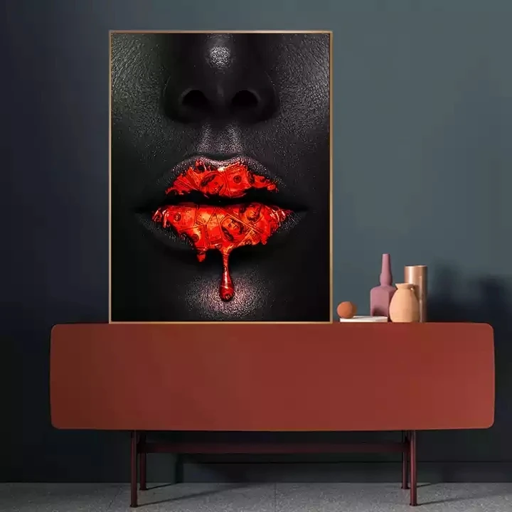 Creative Red Lips Dollar Drip Canvas Painting Art Black African Woman Lip Canvas Wall Painting