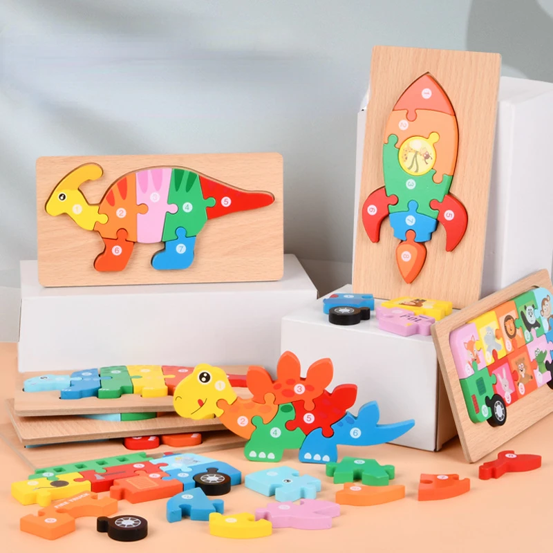 Factory Manufacturer Supply Wooden Puzzle Montessori 3d Jigsaw Puzzle Dinosaur Animal Educational Toys