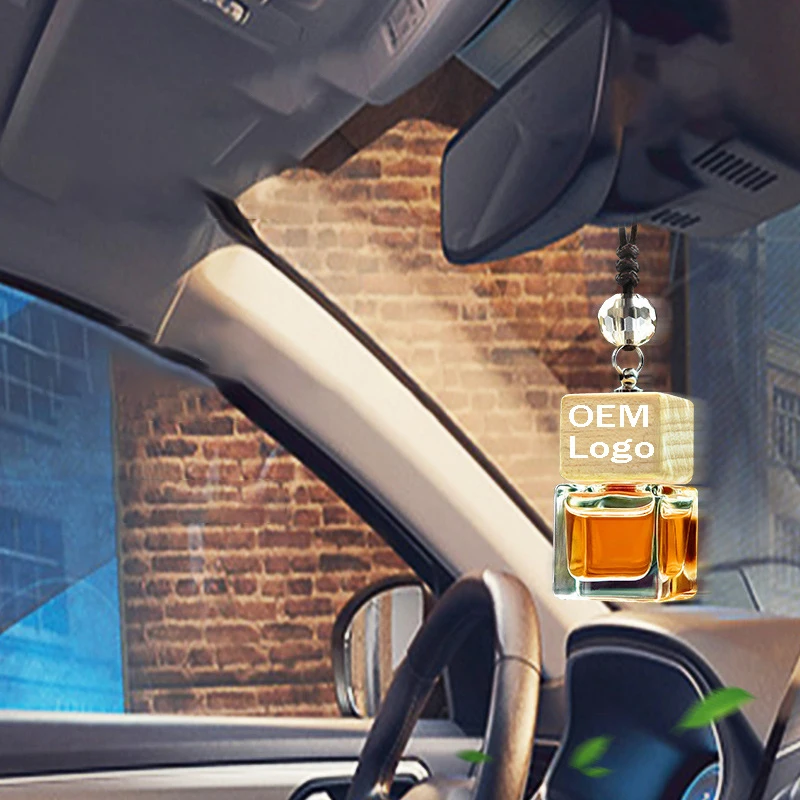 Custom wholesale Car Pendants Liquid Hanging Car Perfume wood Glass Bottle 8ml   Auto Fragrance Diffuser Car Air Freshener