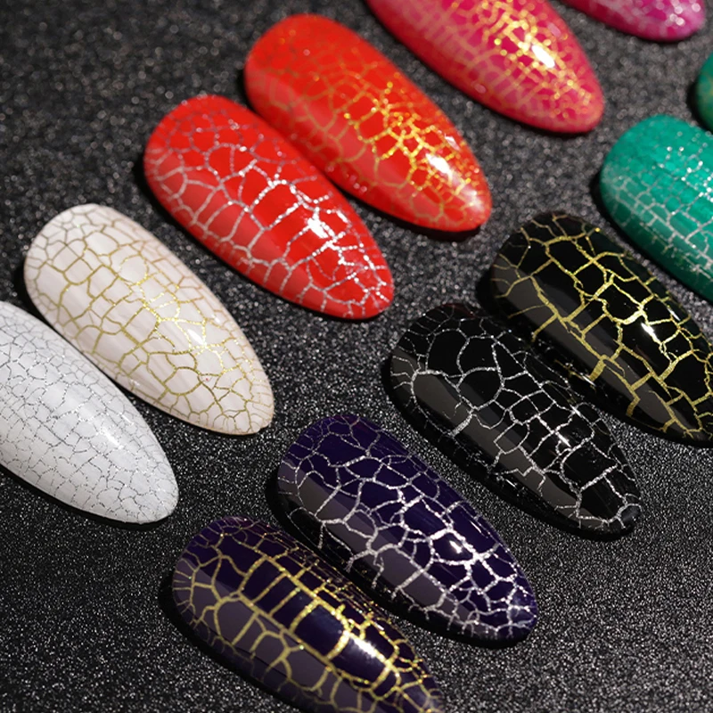 abgel crack effect  crackle gel nail  polish with white base sliver and golden primer effect