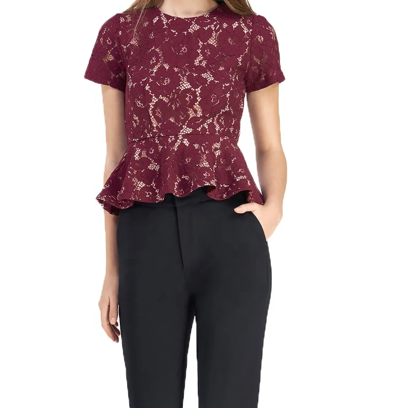 Ladies women white v-neck long sleeve chiffon crocheted lace blouse tops cheap