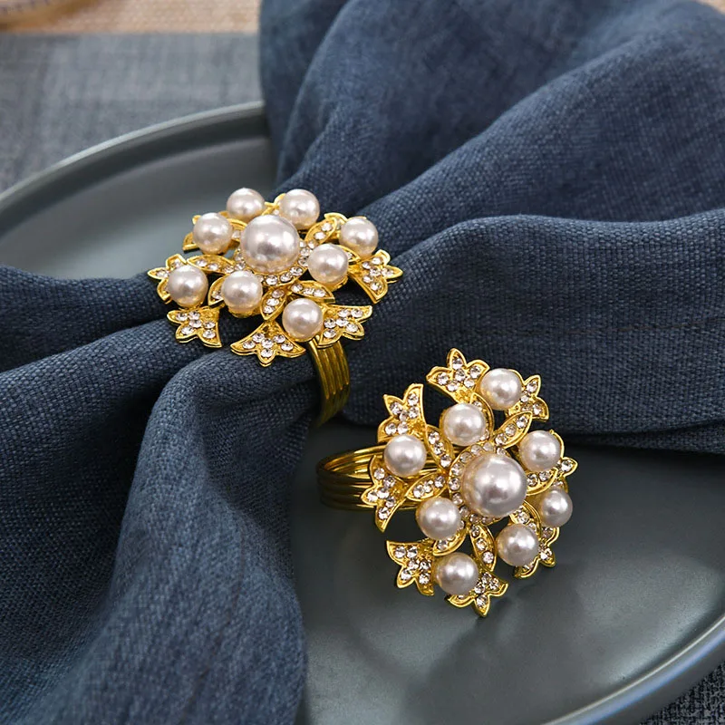 Wedding Table Setting Pearl and Diamond Napkin Ring Gold Napkin Clasp