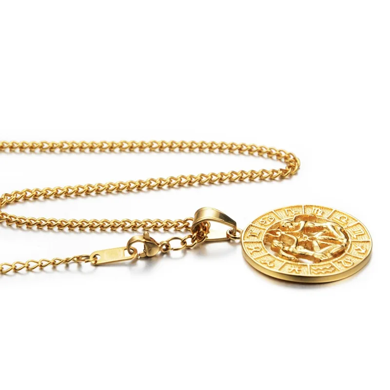 Jewelry Custom Men Wolf Lion Compass Jesus Coin Charm Pendant Stainless Steel 12 Zodiac Sign Necklace