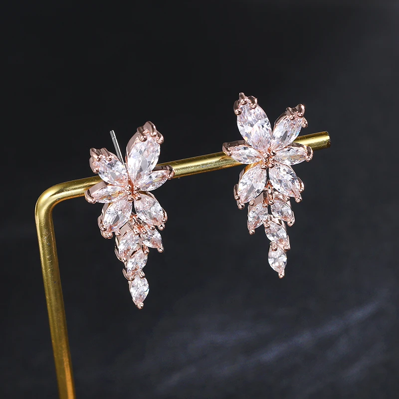 Marquise Leaf Shape Cubic Zirconia CZ Crystal Chandelier Earrings for Women Wedding Bride or Bridesmaid Jewelry