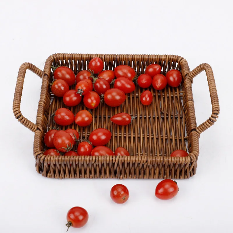 
Square Double Ear Handle Rattan Basket Fruit Household Living Room Snack Storage Basket 