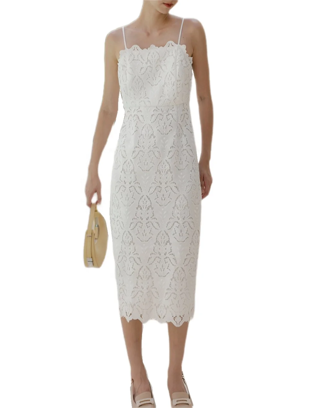 Hot Custom Elegant Pure Fashion White Lace Embroidery Floral Dress Simple Design Spaghetti Strap Clothes Women Dress Midi Length