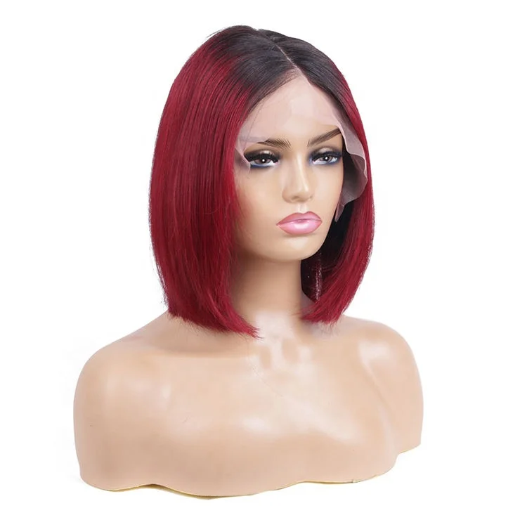 Best Reviewed 13X4 Transparent Lace #1B/99j Red Silky Straight 100% Virgin Short Cuts Human Hair Wig