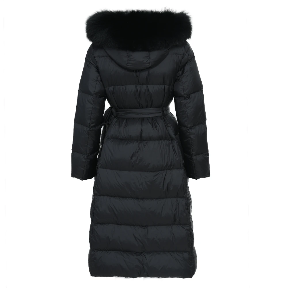 Windproof Warm Soft Slim Style Feather Down Puffer Coat Hoodie Luxury Real Fur Collar Custom Logo Winter Women Long Down Coat