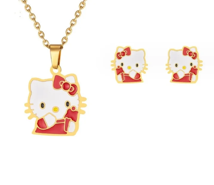 Gold plated cat pendant necklace stud earring jewelry set stainless steel hello kitty jewelry wholesale