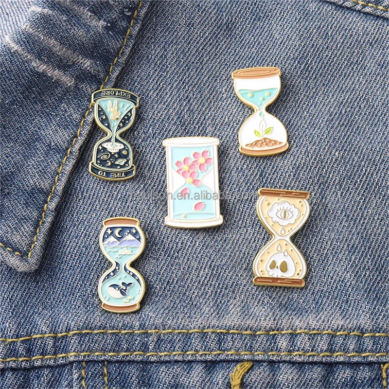 Wholesale New Creative Cartoon Hourglass Combination Enamel Pin Design Zinc Alloy Badge UV Printing Gift Clothing Accessory