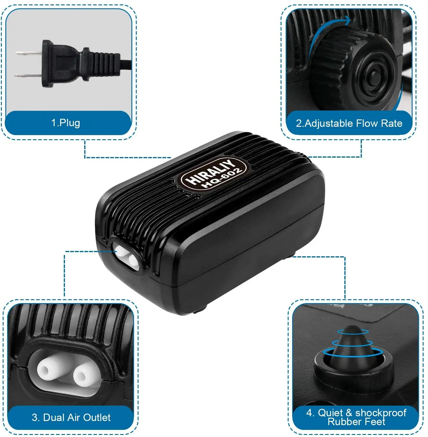 Aquarium Air Pump Fish Tank Air Pump with Dual Outlet Adjustable Air Valve Ultra Silent