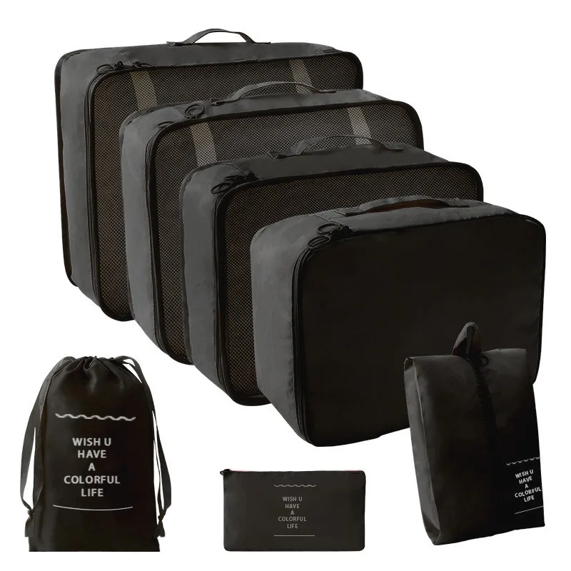 Hot Sell 7 Pcs Set Wholesale Black White Luggage Travel Organizer Packing Cubes