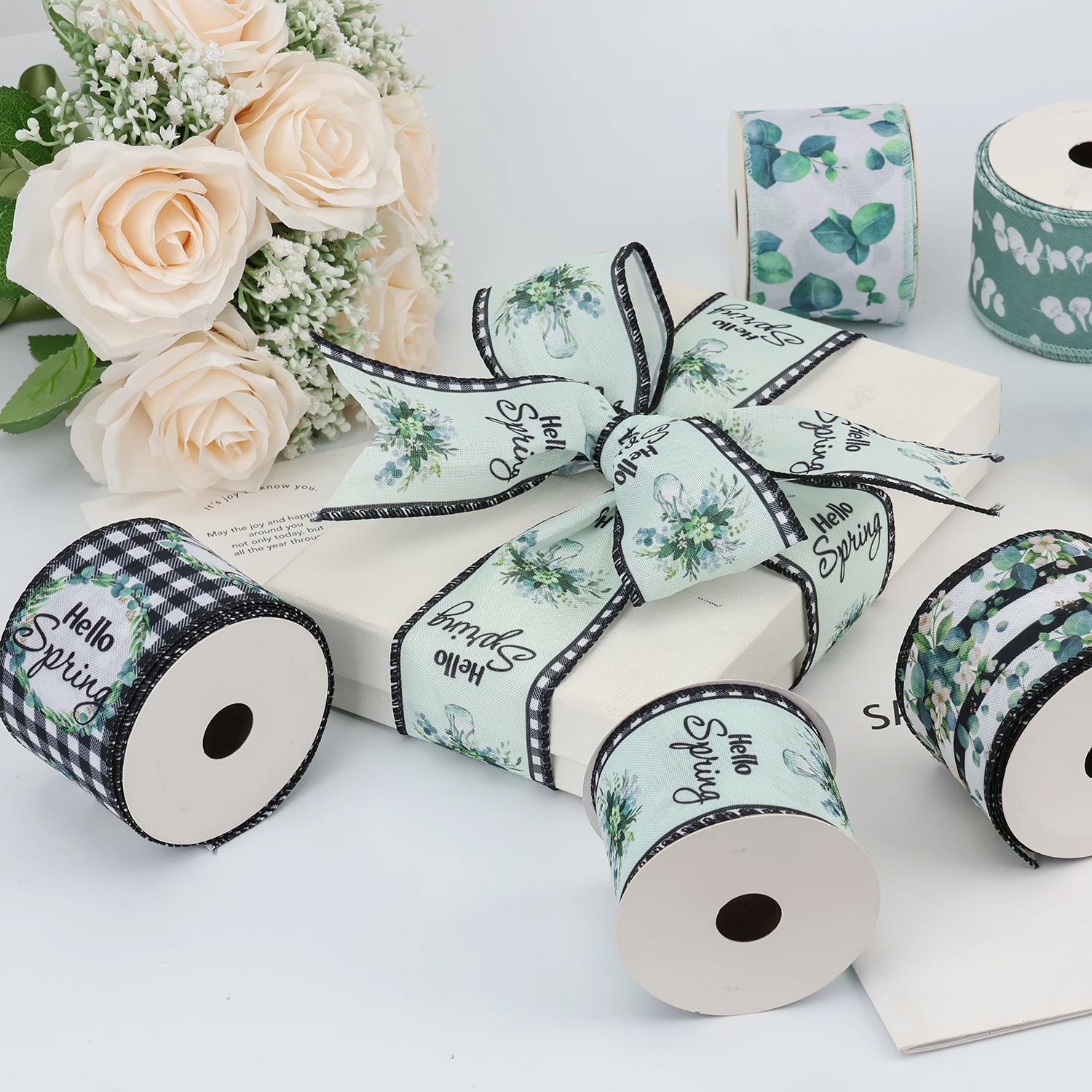 Custom Leaves Burlap Greenery Decorative Stripe Floral Wired Edge Ribbon For Wedding Party Bridal Bouquet Spring Bow Wreath DIY