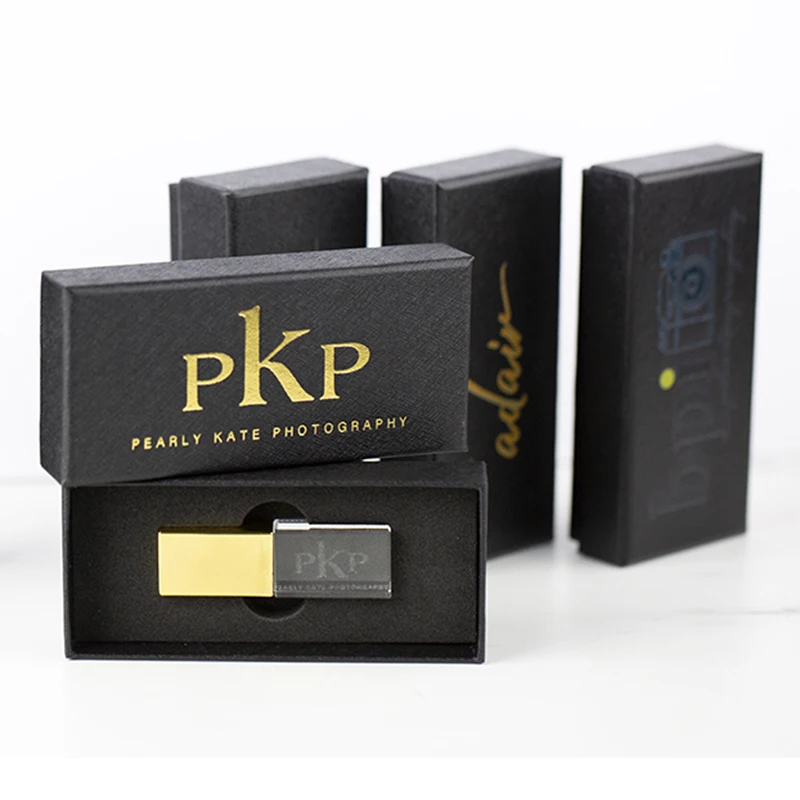  custom logo Black magnetic flip top rigid gift box with foam insert for USB flash drive packaging