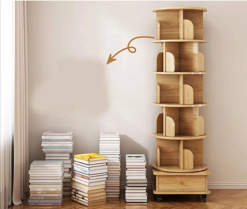 Rotating 360 Degrees Wooden Bookshelf Home Living Room Movable Student Cabinet with Wheels Wall Bookcase for Villa