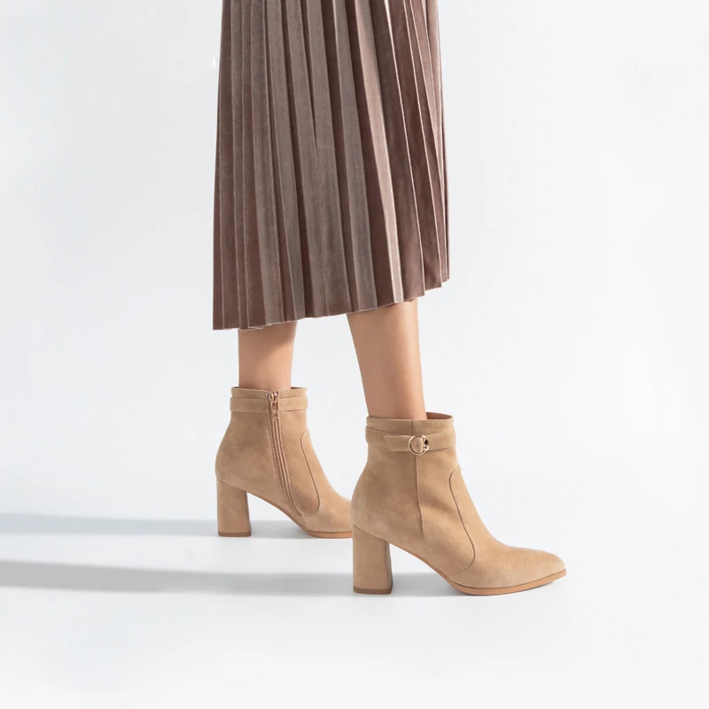 Fashion Latest design women boots footwear genuine leather kid suede pointed toe chunky heels shoes for lady
