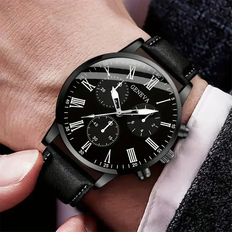 black 2 pcs / set black mens Quartz Watch with Bracelet Fashion Men Set gift quartz Watches For Men