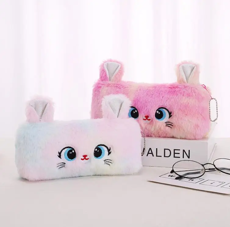 Cheap school stationery pouch cartoon cute girls plush pen case cat pencil bag for kids big capacity student pens bags