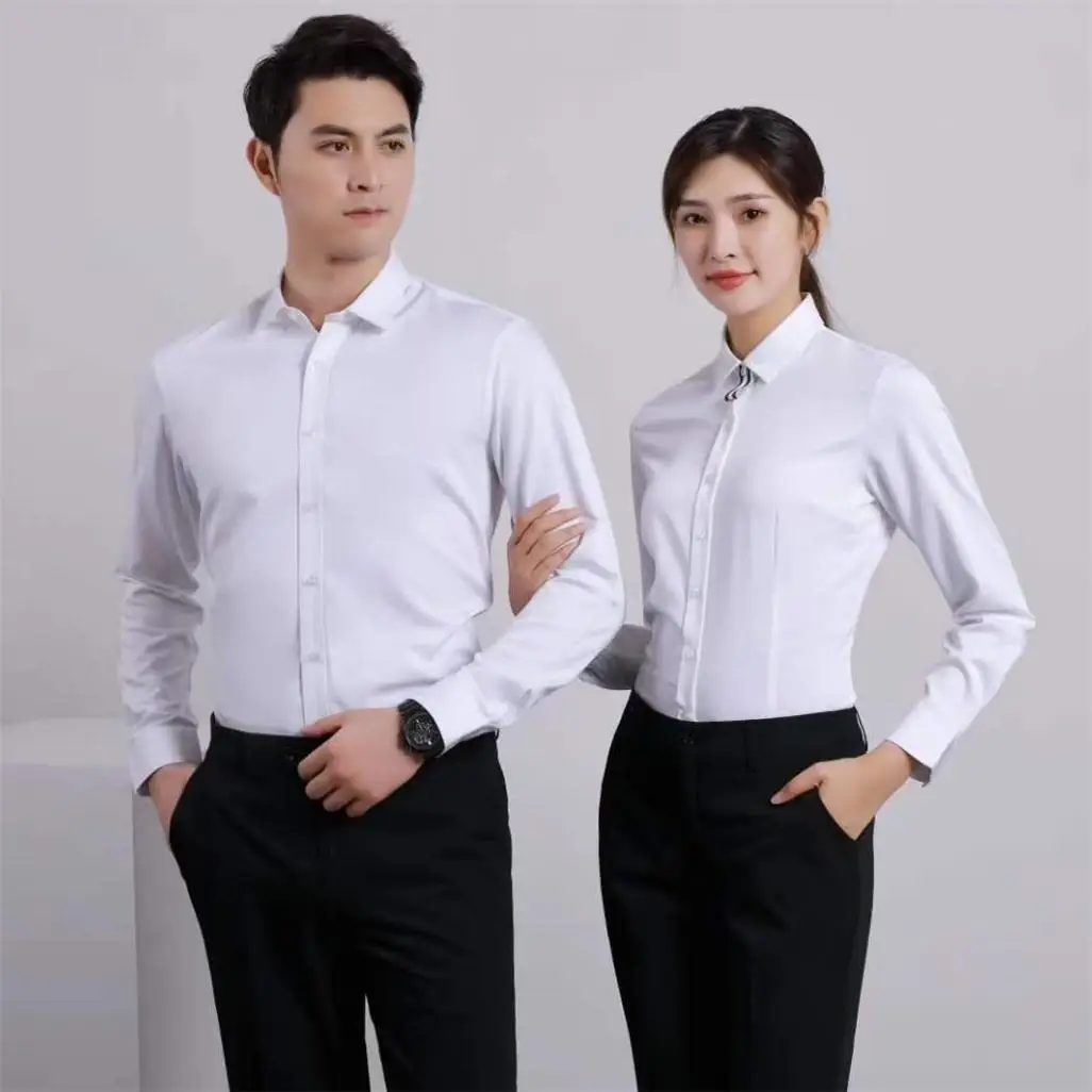 White Blue Shirts  Long  Short Sleeve Work Office Hotel Dress Shirt for Man and Women