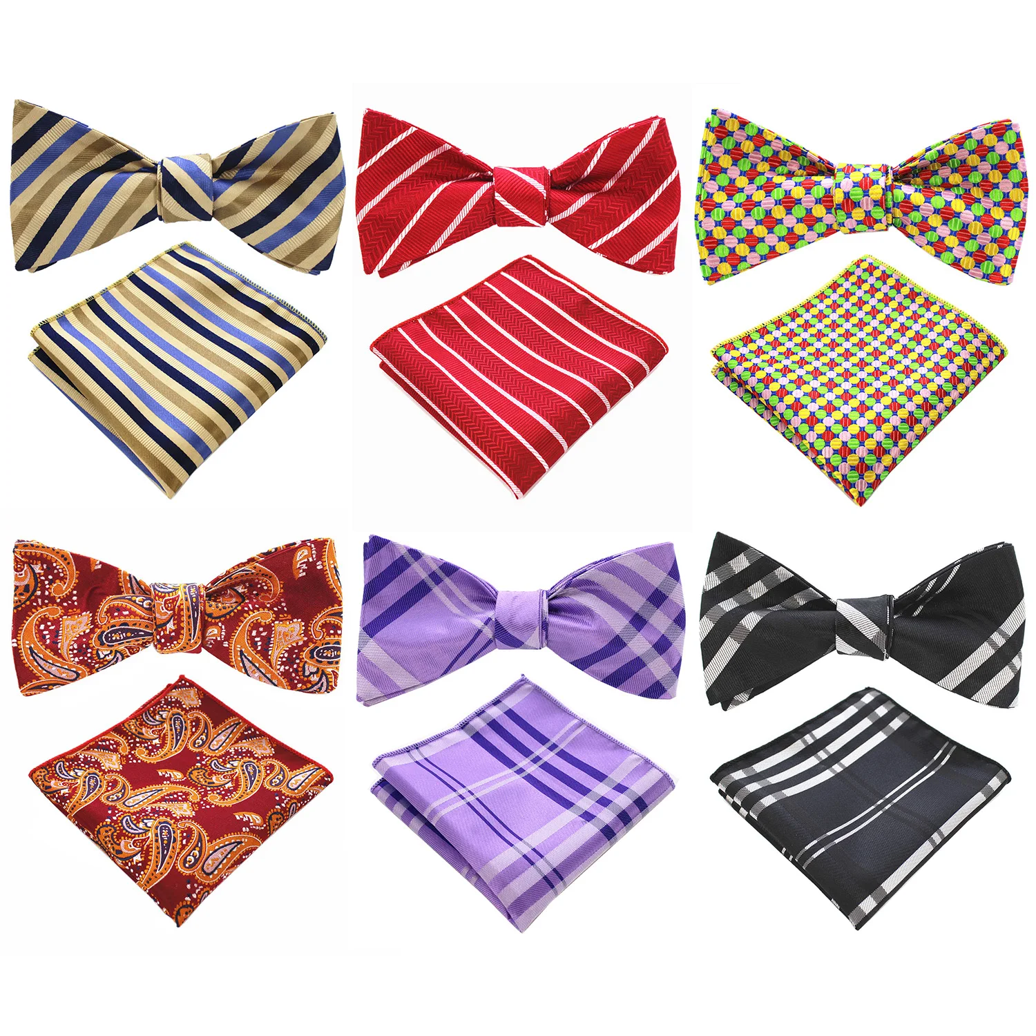 Mens Luxury Bowtie Set with Pocket Square Jacquard Blue Red Green Bowtie Wedding Party Meeting