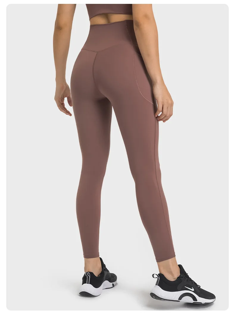 Popular High Waist V Cut Spandex Leggings Camel Toe Women Push Up Booty Brown Nude Leggings With Pocket V Front Yoga Pants