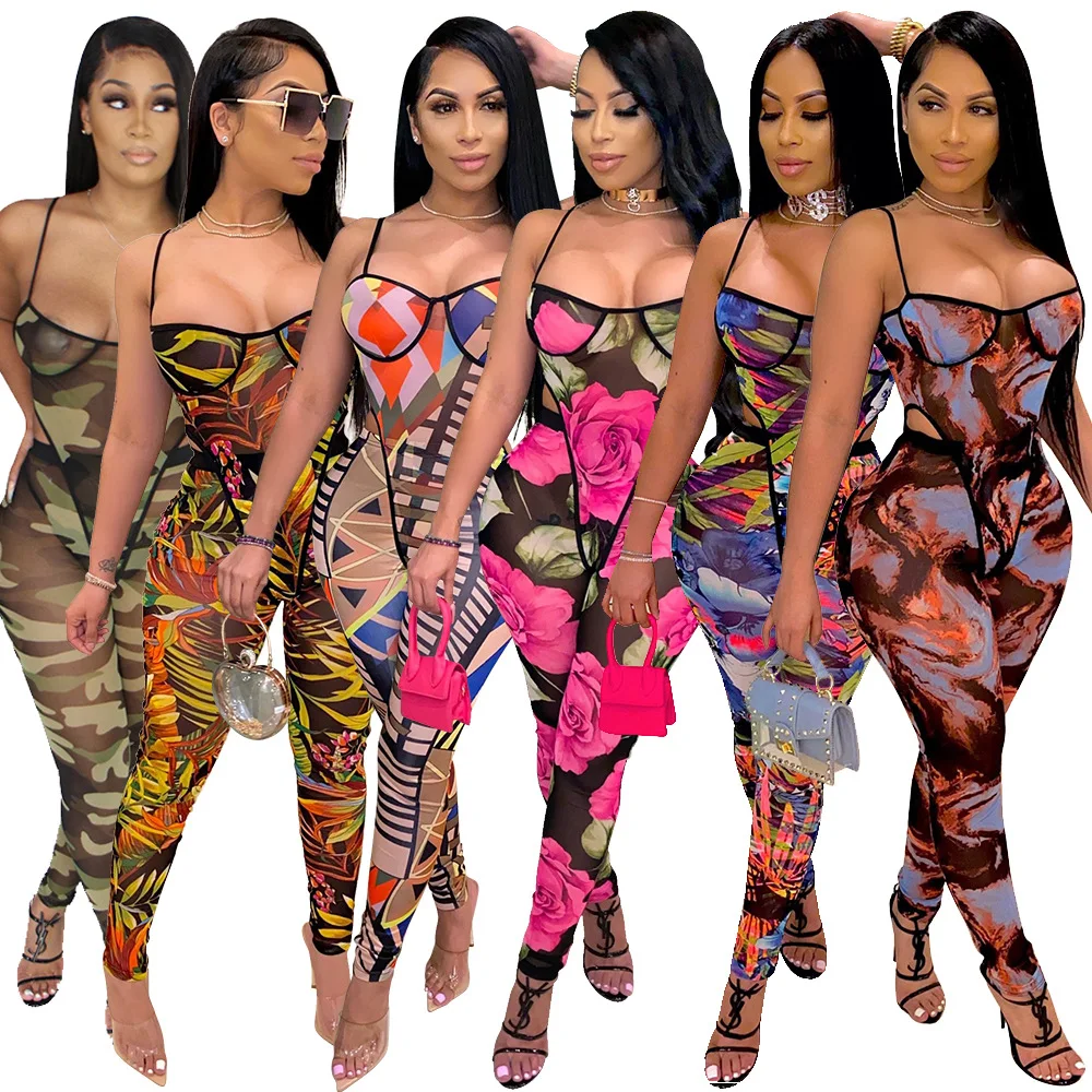 Tropical Two Piece Set Women Clothing Fashion Floral Printed Bodysuit 2 Piece Pants Sets Sexy Summer Outfits for Women