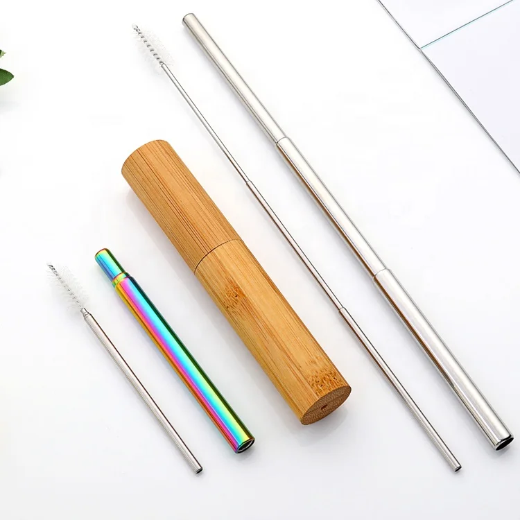 
Portable Retractable Stainless Steel Reusable Straws Collapsible Metal Telescopic Foldable Straws With bamboo Case 