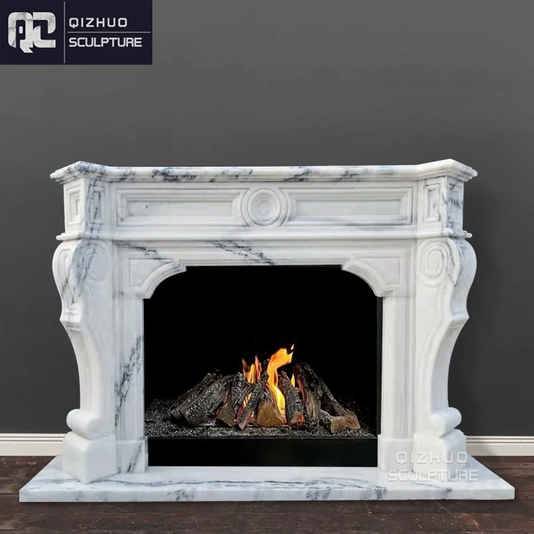 Antique Italian Arabescato Hand Carved Interior Decor Natural Stone White Marble Fireplace Surround