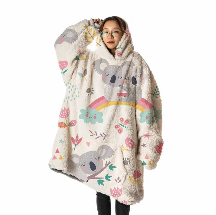Оригинальное Радужное одеяло с изображением животных, толстовка со снудом, роскошный свитшот, шерпа коала, с принтом, носимое одеяло для сна с капюшоном, толстовка