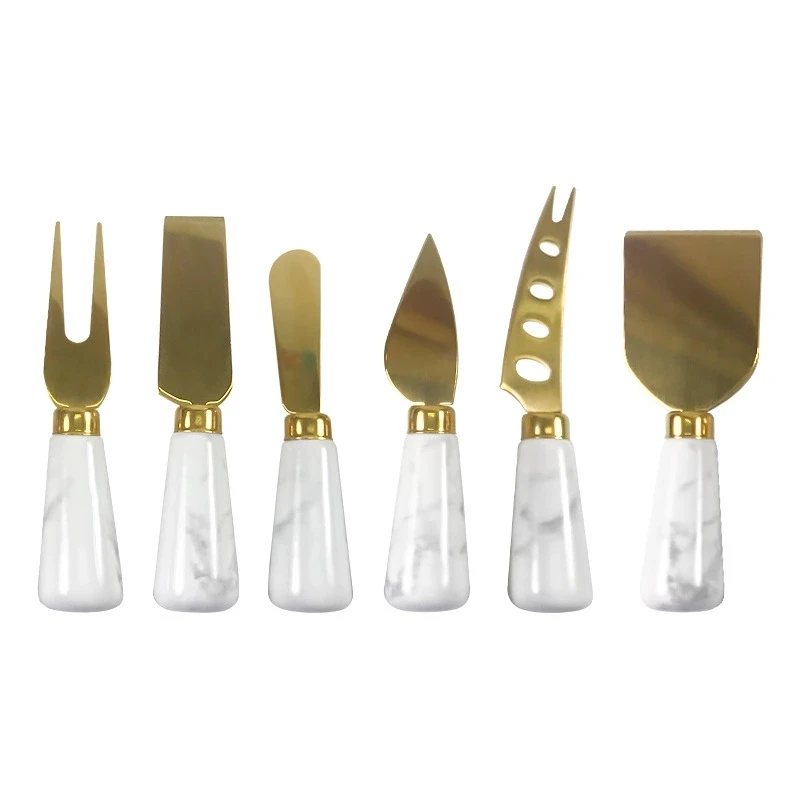 New Design Stainless Steel Western Food Flatware Gold Marble Cheese Knife Butter Cutter Set