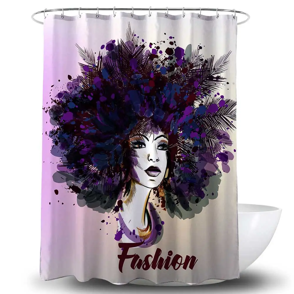 High Quality Three-dimensional Sensation African American Shower Bath Curtains Digital Printing PVC Hook ,shower Curtain Strap