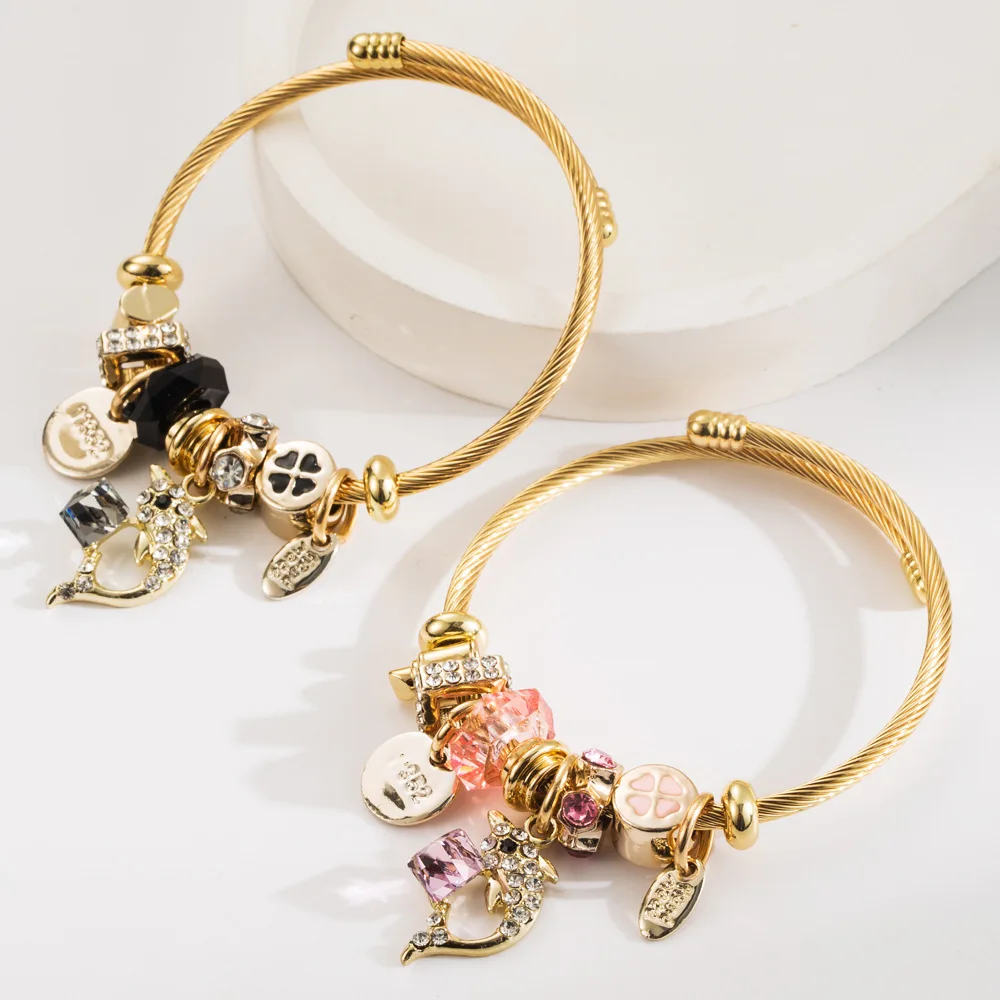 Wholesale Stainless Steel Crystal Bead Bangle Gold Plated Custom Animal Dolphin Charm Bracelet For Girls