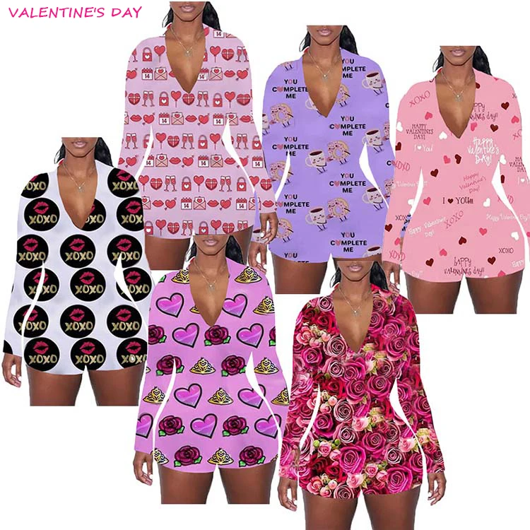 
2021 new trendy home wear pajamas long sleeve short valentin day onsies 