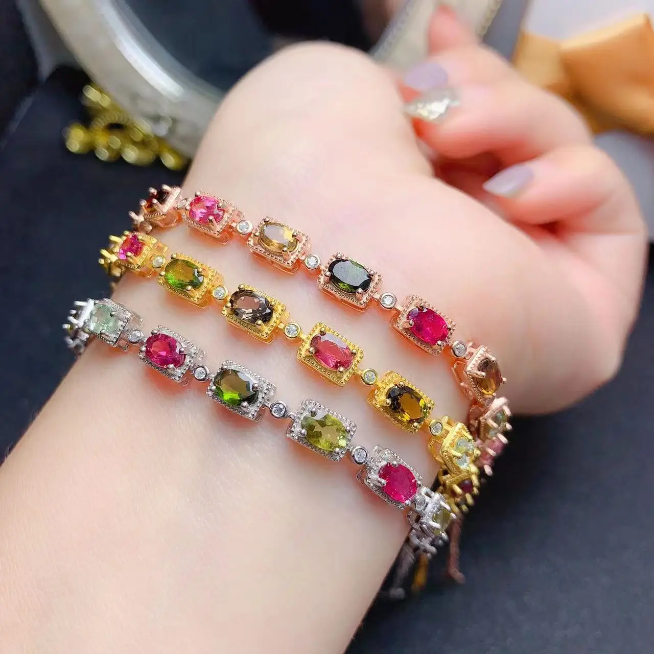 Factory Supply Good Price Luxury 925 Sterling Silver Gold Plated Natural Tourmaline Jewelry Women Bracelet