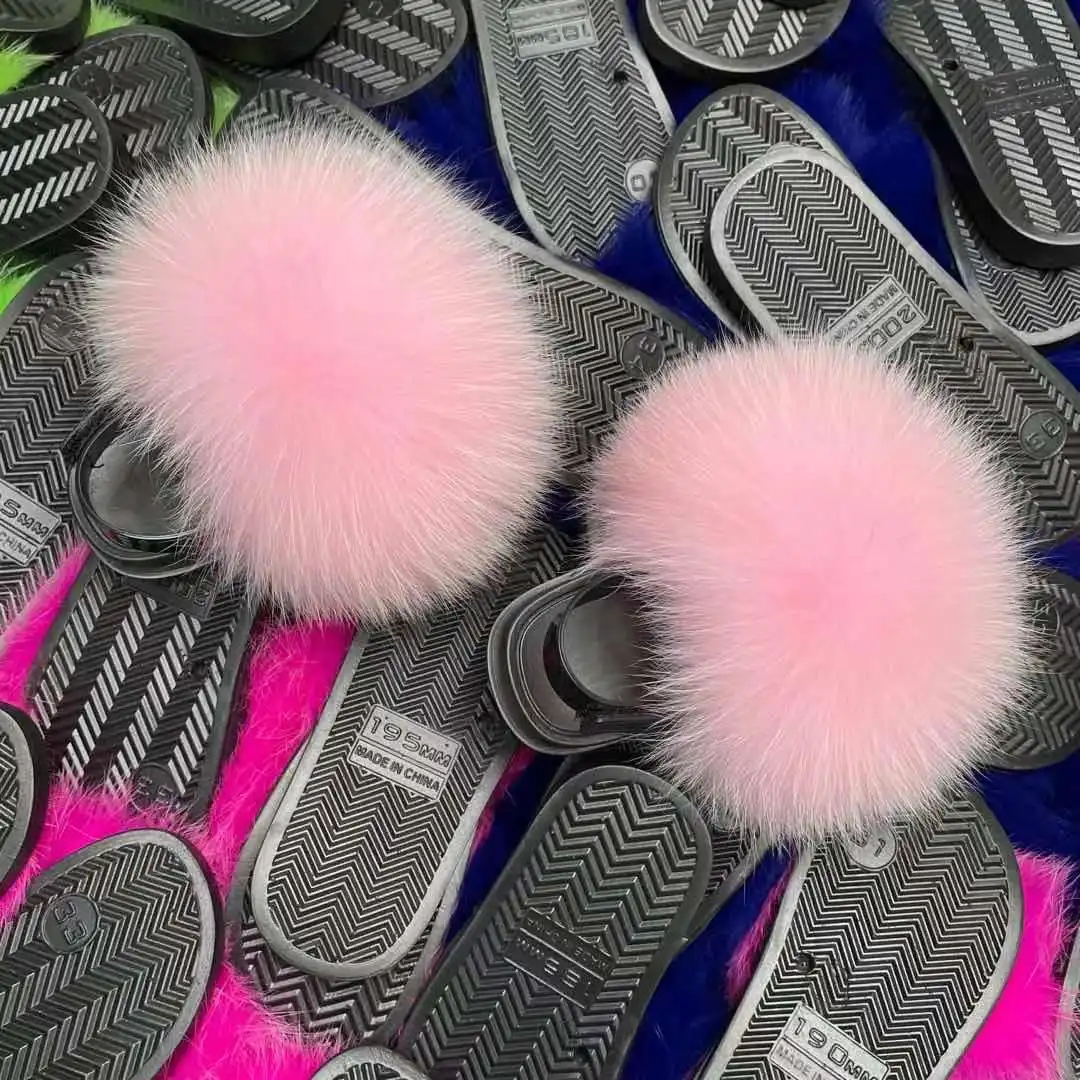 2021 Hot Sale Summer Outdoor Soft Infant Fox Fur Slippers Cute Pink Fluffy Toddler Fur Slides With Strap