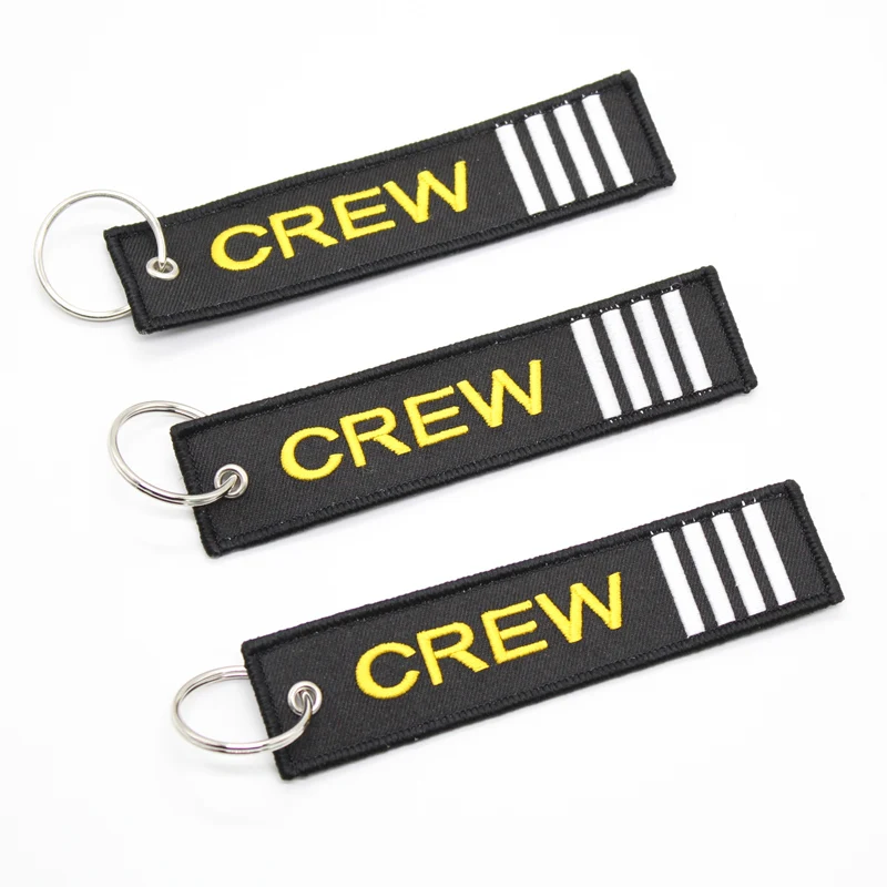 high quality crew logo red white embroidered keychain, embroidered key tag with key ring