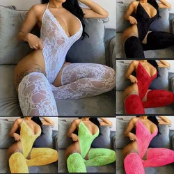 2021 women sexy underwear two pieces set lace mesh jumpsuit sleeveless backless bodysuit