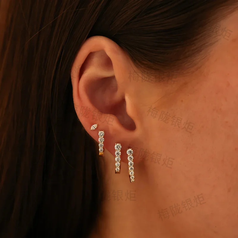 LOZRUNVE Gold Cubic Zircon Ear Ring Mens Women Sterling Silver 925 Small Oval U shape Hoop Earring