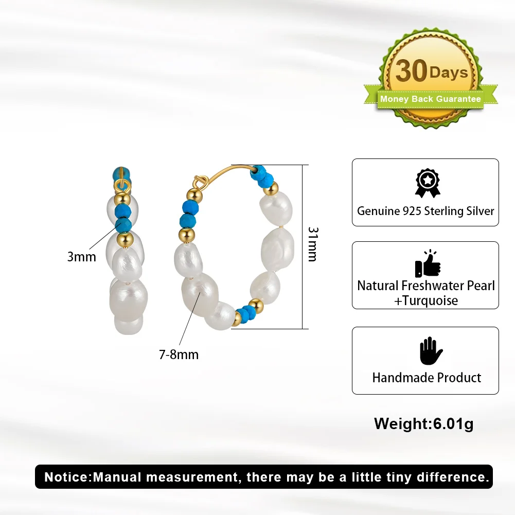 RINNTIN MPE01 Wholesale Silver Earrings 925 Sterling Women Huggie Boho Freshwater Pearl Turquoise Natural Stone Hoop Earrings