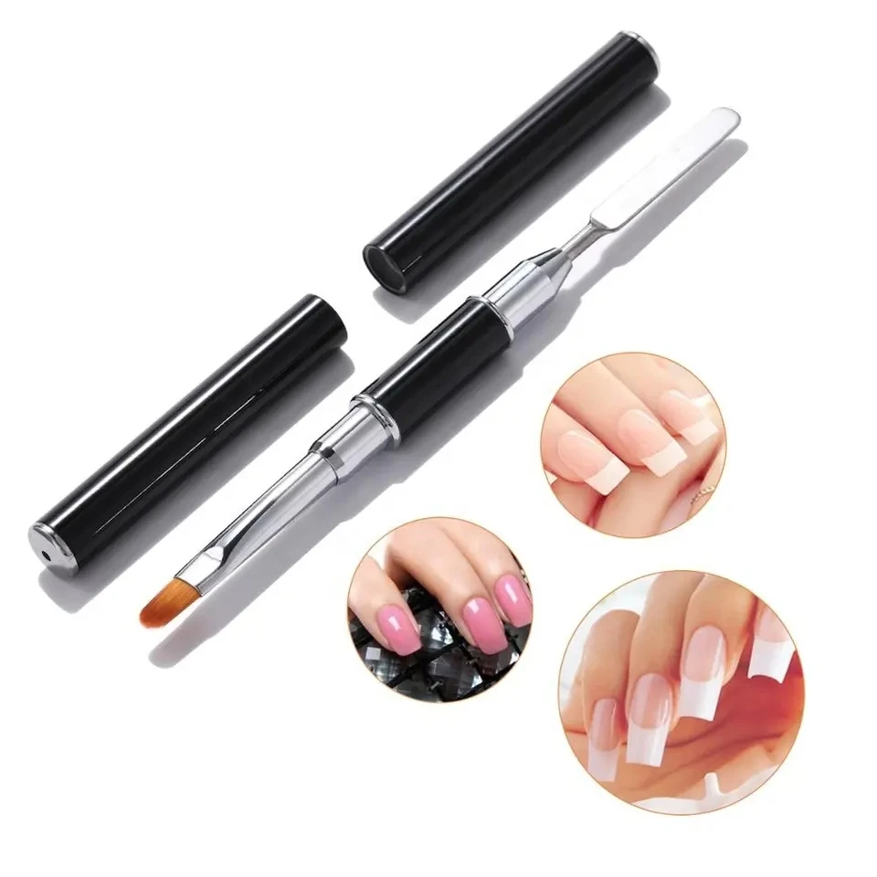 Destly Dual-Ended Nylon Black Metal Handle Nail Pen Double Heads Nylon Hair Gel Painting Nail Art Brush with Nail Spatula Pusher