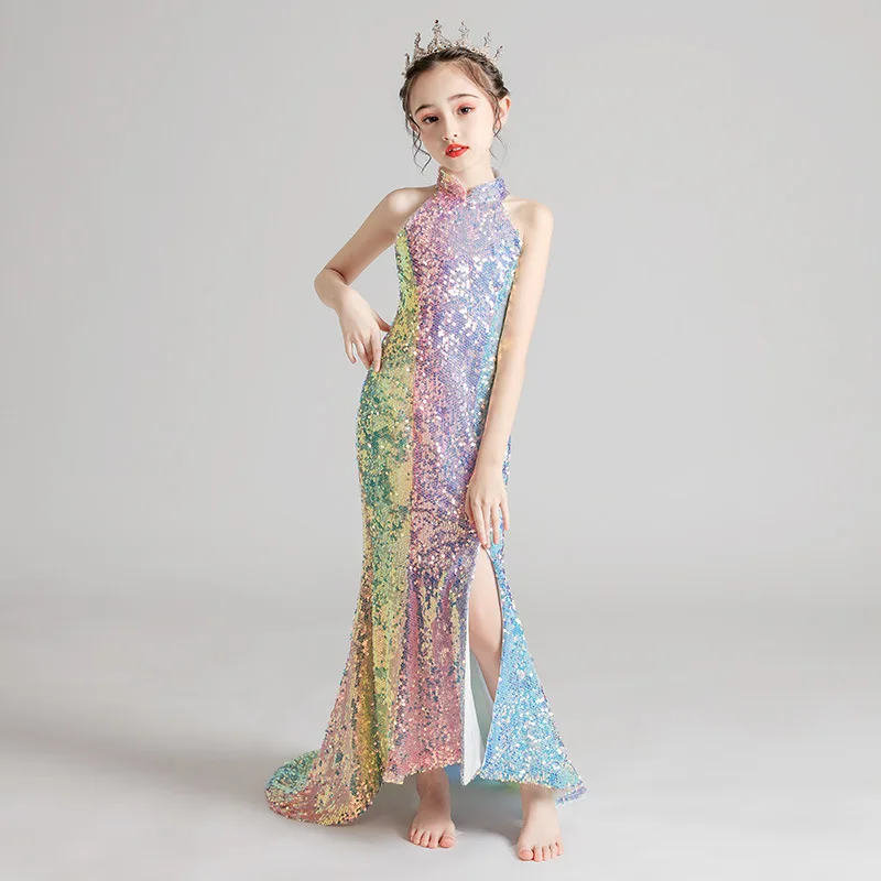 dong girl graceful rainbow sequin wedding party dance dress girl princess dress