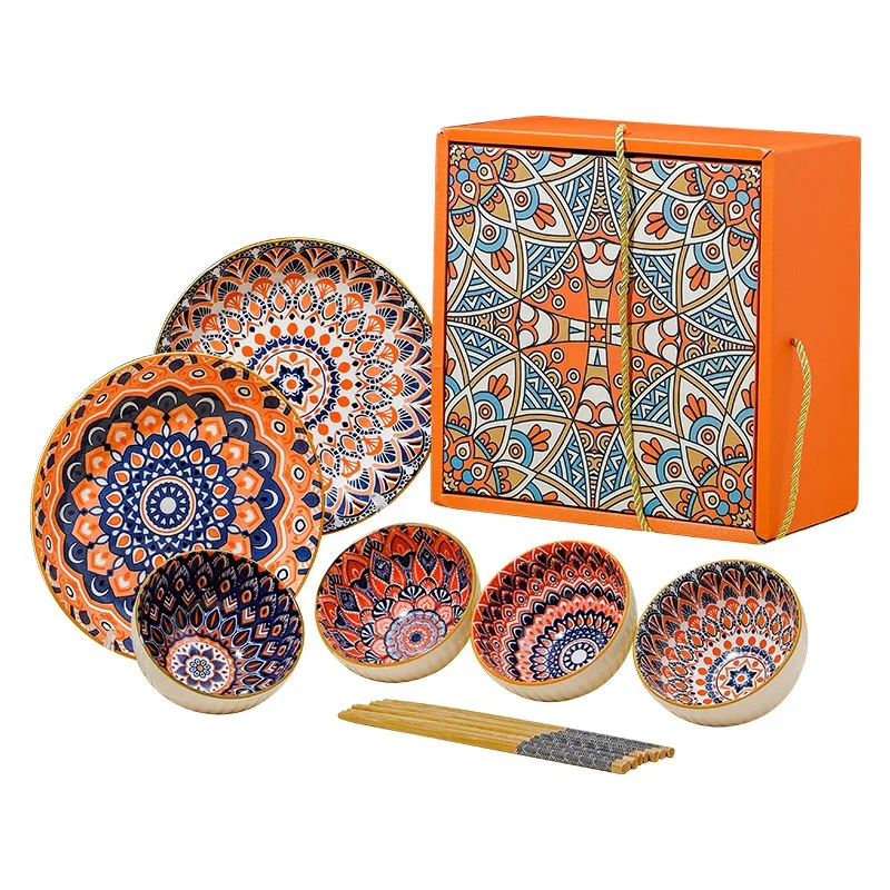 Customized Bohemia Style Ceramic det plates bowls with Chopsticks box Set For Gift Bohemia Porcelain tableware
