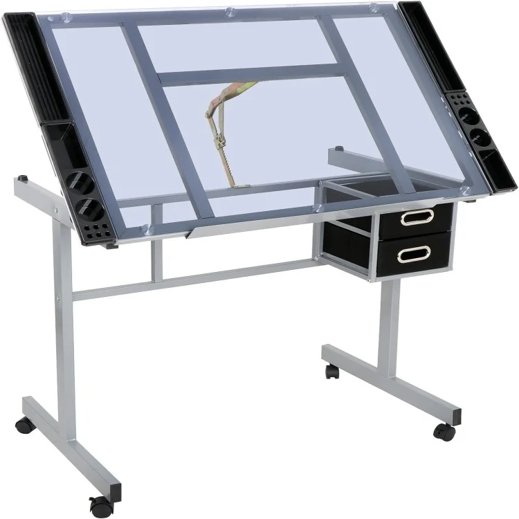 Glass Top Drafting Table with Storage Adjustable Multifunctional Drafting Drawing Table Desk