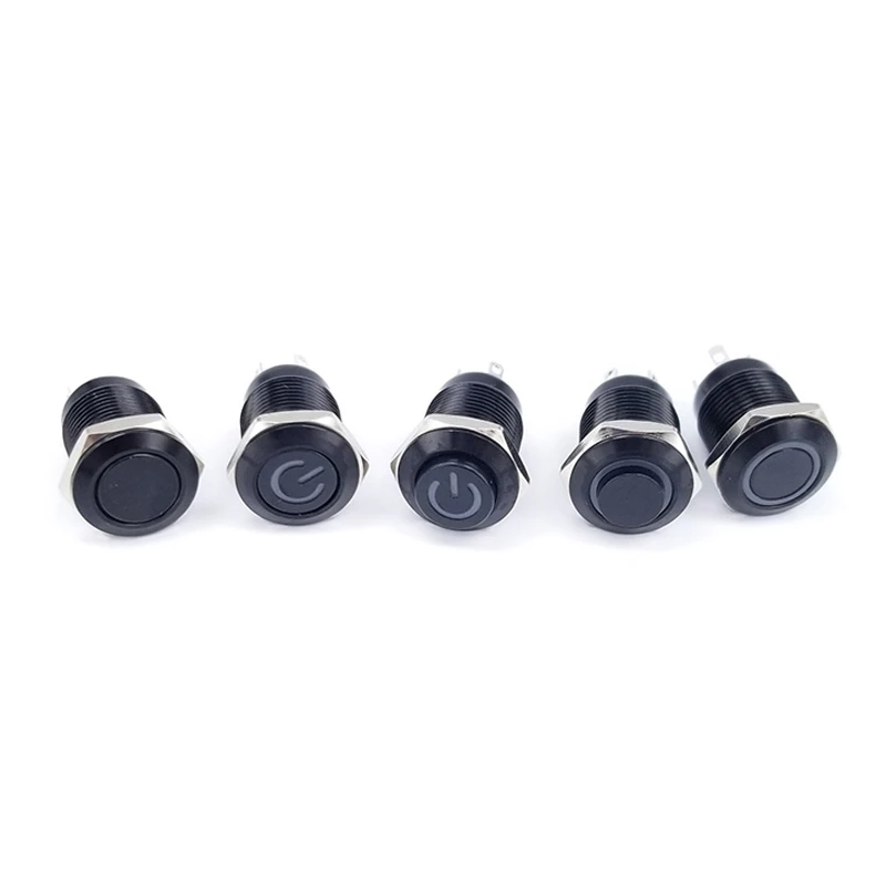 12mm Self Locking Latching Waterproof IP65 LED Light Flat 3-6V 12-24V 220V Power Circle Mark Black Metal Push Button Switch