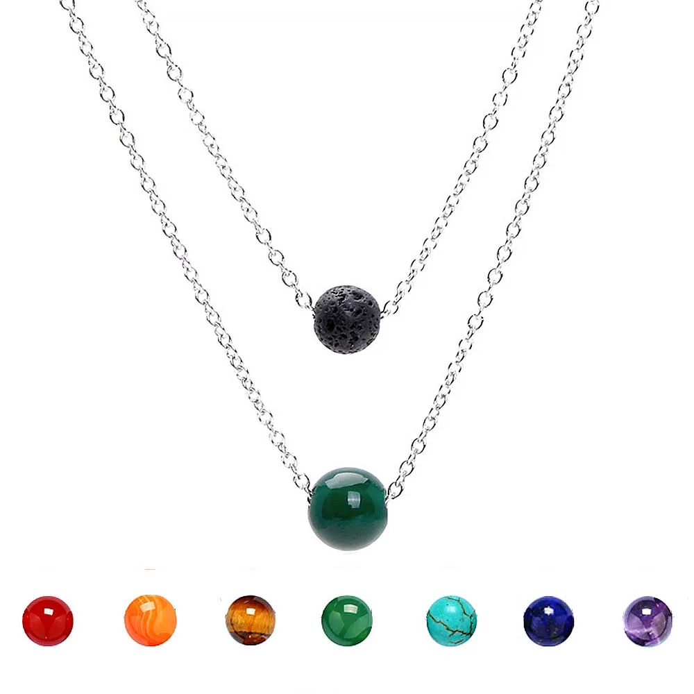 Fashion Gemstone 10mm Natural Stone Beads Stainless Steel Alloy Silver Pendant Necklace Chain Necklace Jewelry For Women Men