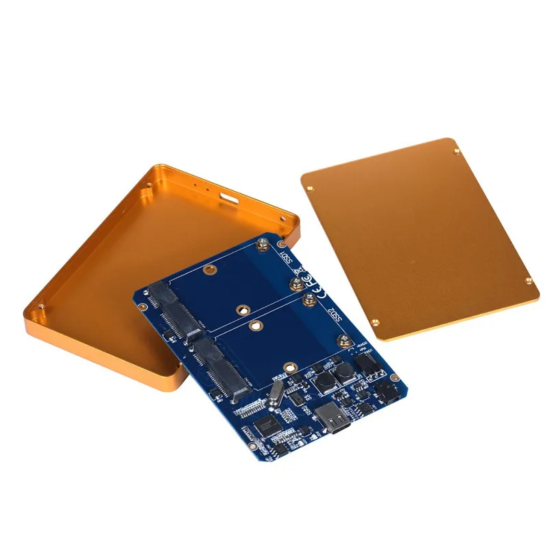 Gold USB3.1 Type-C to 2-Ports MSATA SSD RAID HDD Enclosure